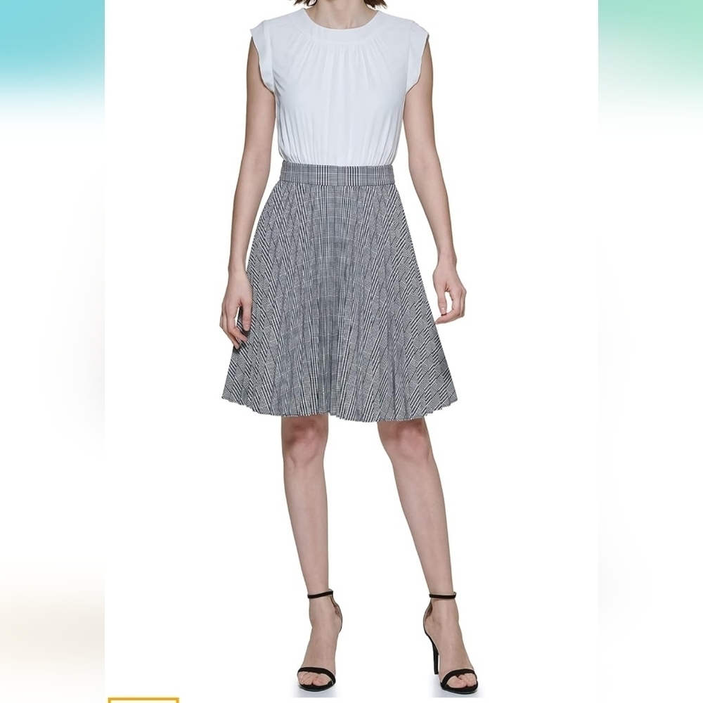 DKNY Women's Sleeveless Mix‎ Media Fit & Flare Pleated Dress Size 12 NWT